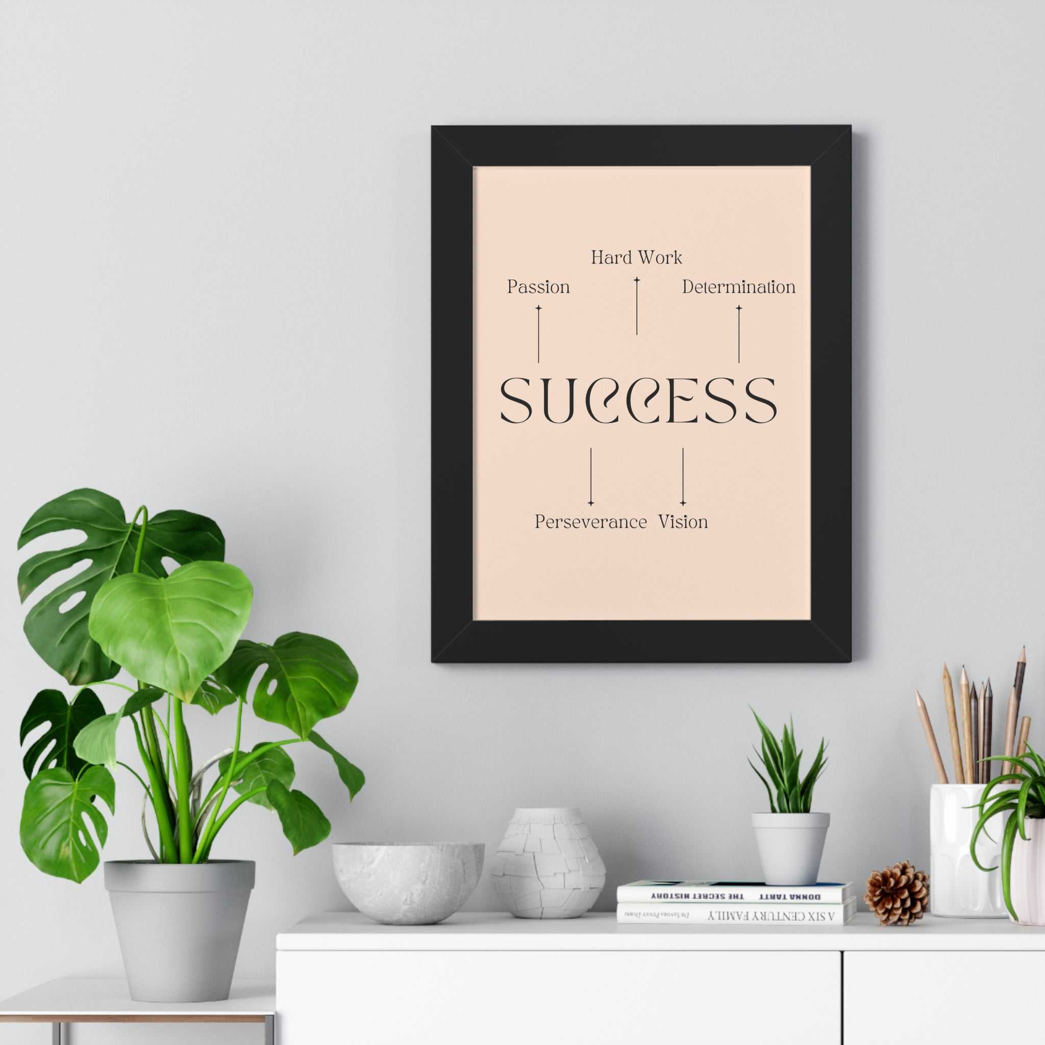 Key to Success motivational poster with black frame, beige background, and inspiring keywords for home or office decor