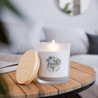 Lit Faith Glass Candle in frosted glass with wooden lid
