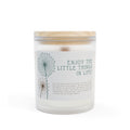 Frosted glass candle with coconut soy wax and wooden wick topped with a raw maple lid, 50-hour burn time.