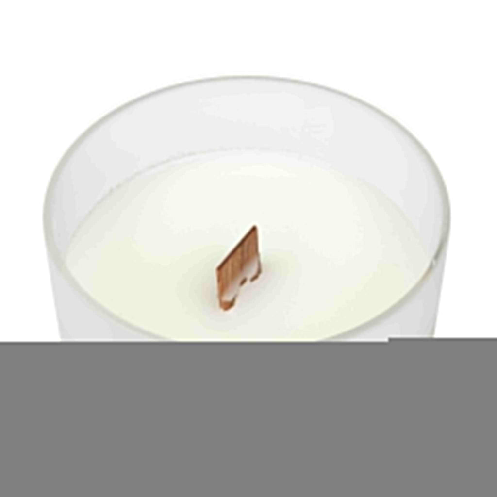 Frosted glass candle with wooden wick and maple lid, natural off-white coconut soy wax blend