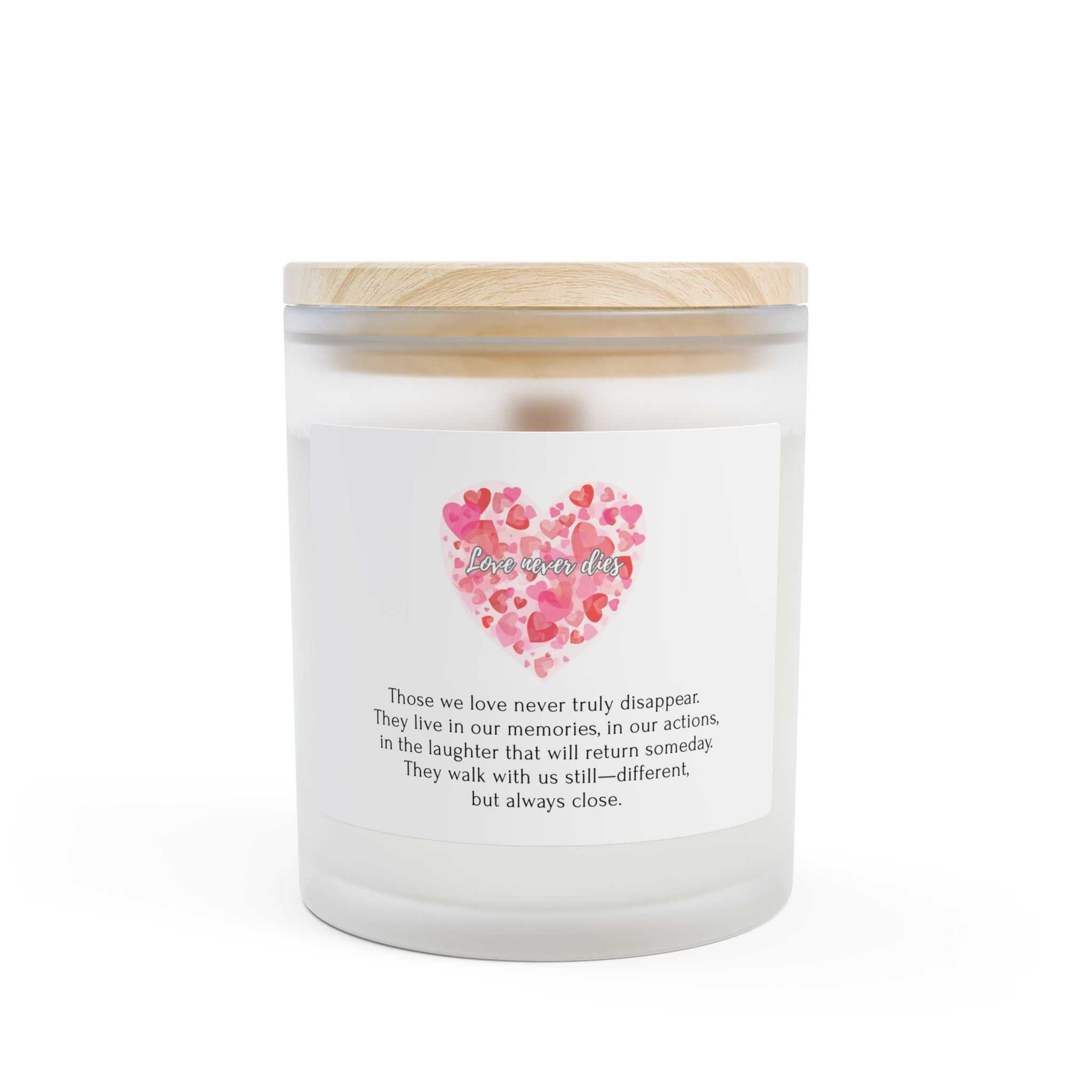 Love Lives On Candle in frosted glass with wooden wick and maple lid