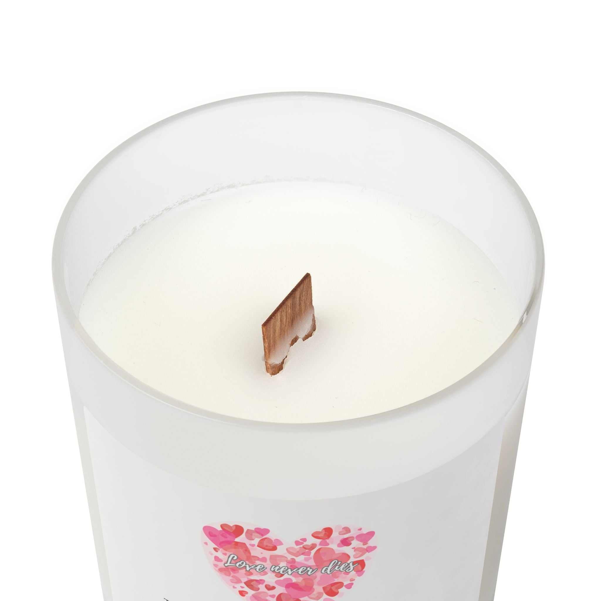 Love Lives On Candle with wooden wick in frosted glass and maple lid
