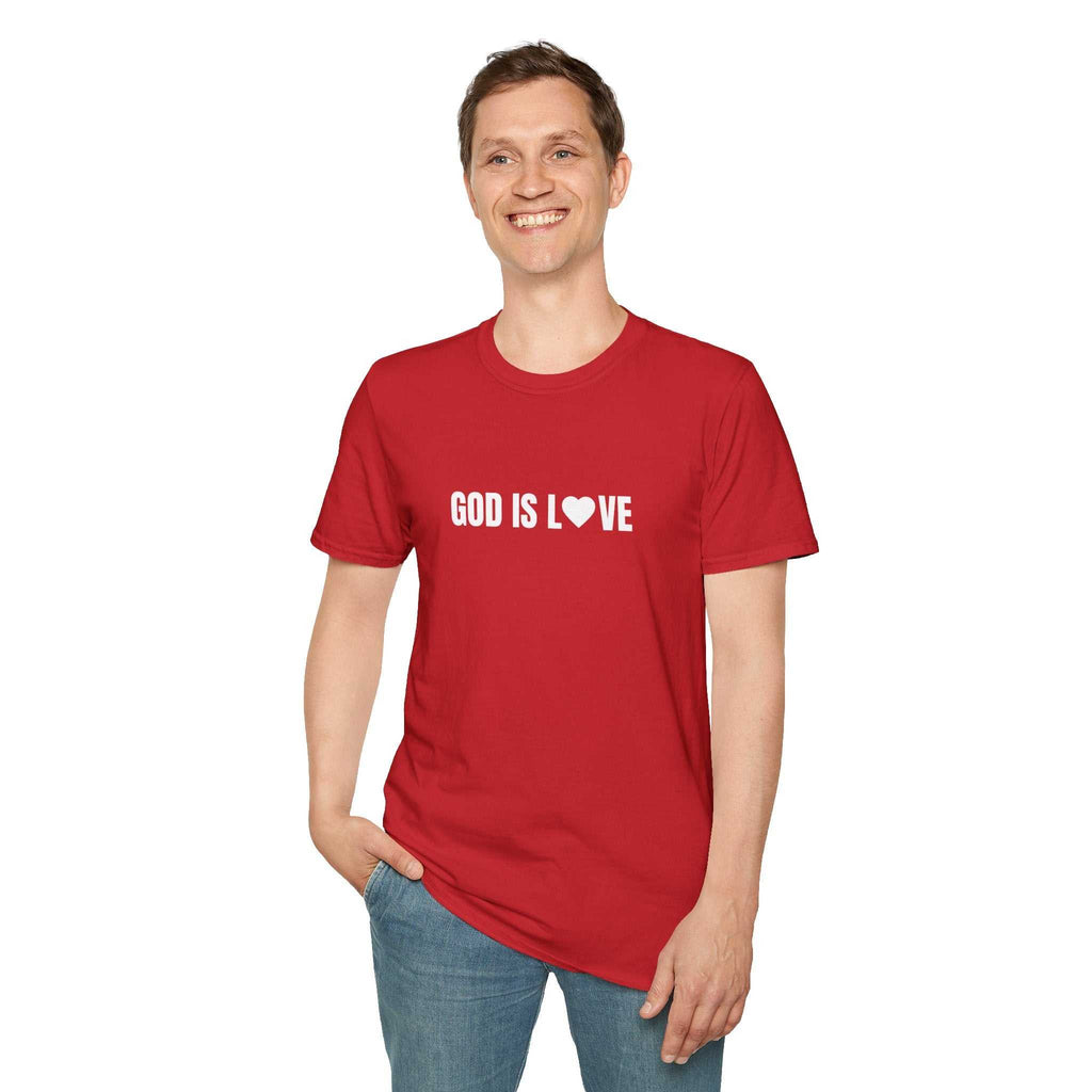 Man wearing God Is Love T-Shirt red