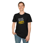 Man wearing black "Believe Beyond Limits" motivational t-shirt made of 100% cotton with classic fit
