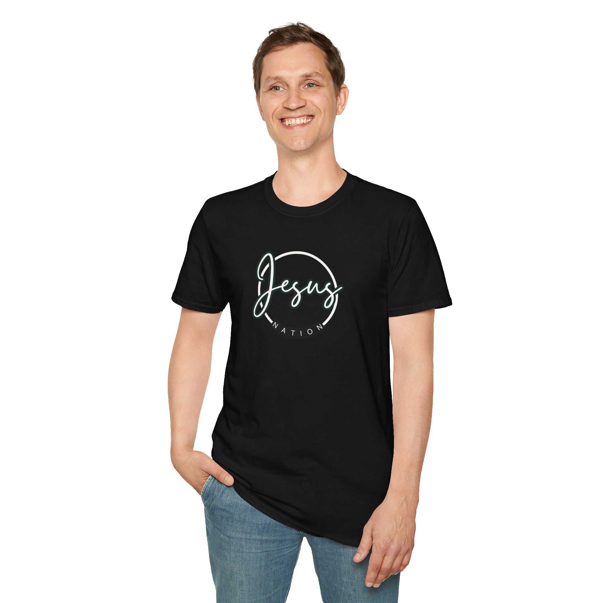 Black Jesus Nation t-shirt with white script logo, classic fit, worn by smiling man