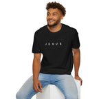 Man wearing black Jesus T-shirt with classic fit and ring-spun cotton material