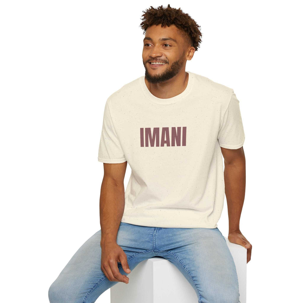 Man wearing classic fit Imani T-Shirt with faith-inspired design in beige color