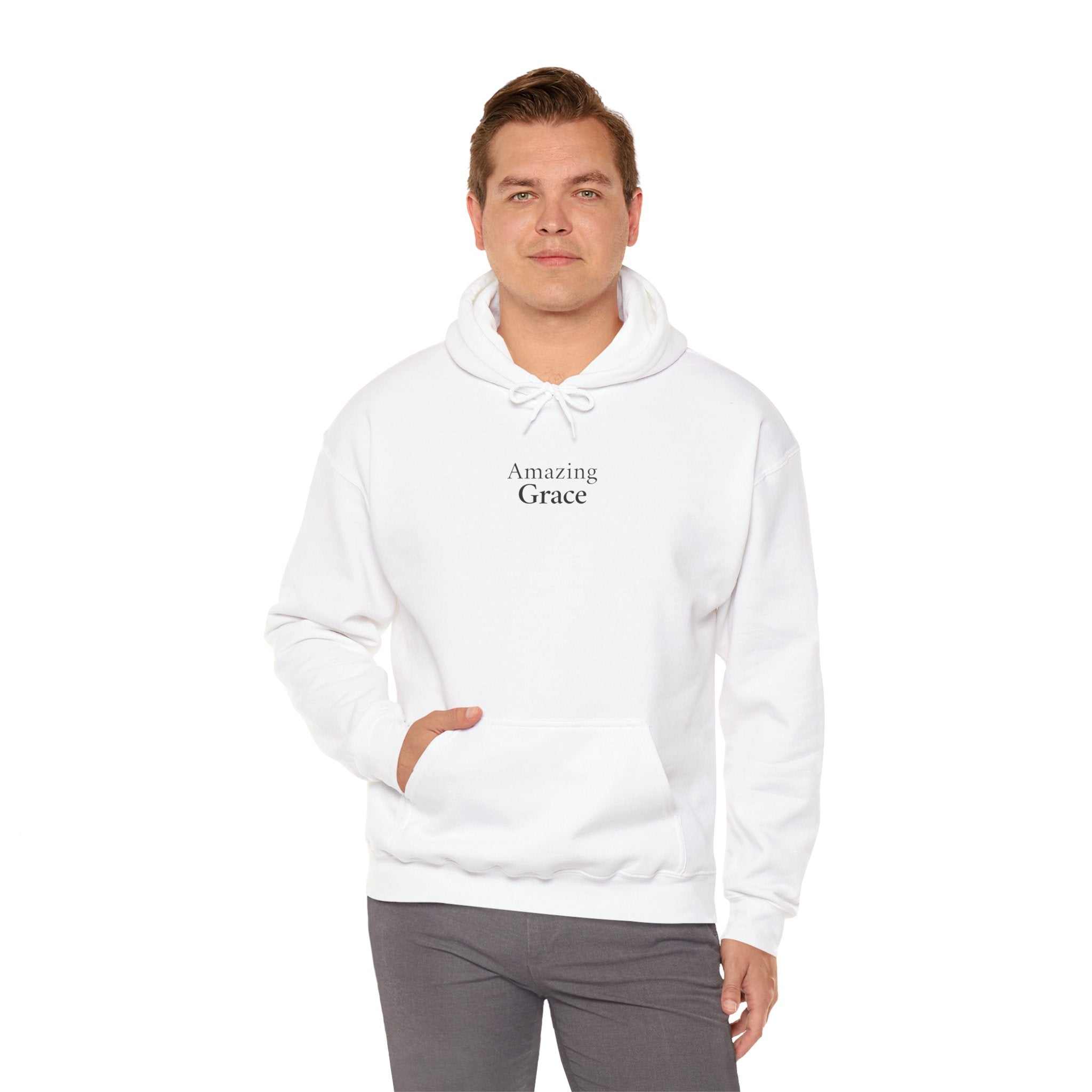 Man wearing white Amazing Grace hoodie with front pocket and hood
