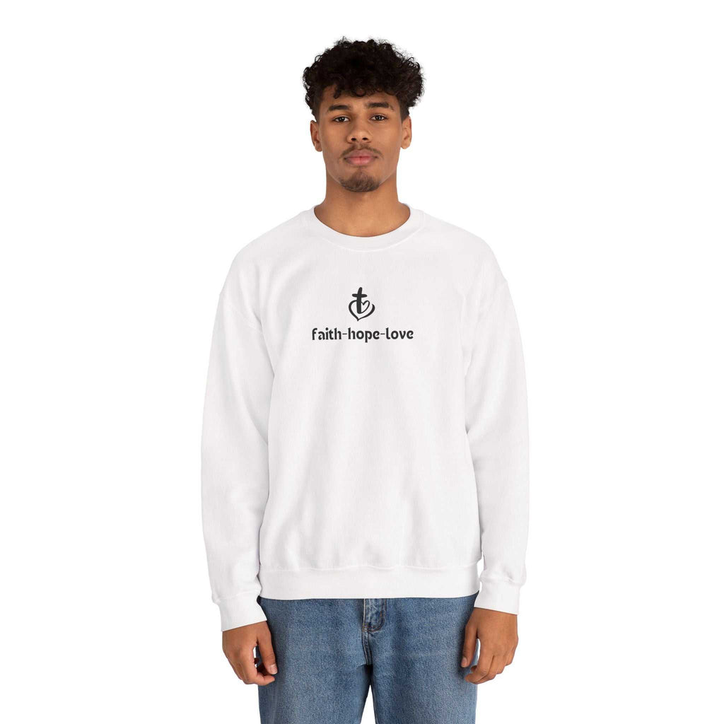 White faith-hope-love sweatshirt with classic fit and cotton-polyester blend worn by male model