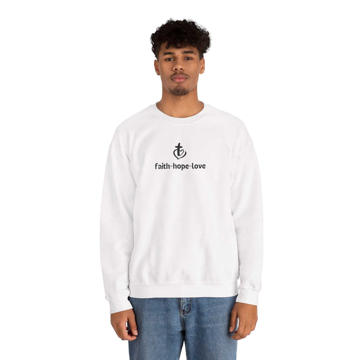White faith-hope-love sweatshirt with classic fit and cotton-polyester blend worn by male model