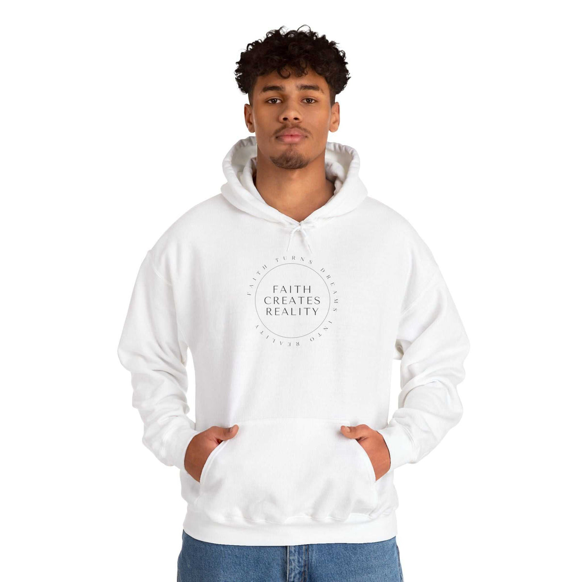 White Faith Power Hoodie with "Faith Creates Reality" text worn by man, classic fit hoodie, 50% cotton and polyester blend