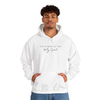 Man wearing white Holy Spirit Power Hoodie with kangaroo pocket