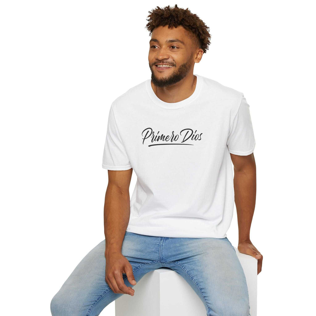 White Primero Dios T-shirt with classic fit worn by man sitting on white block