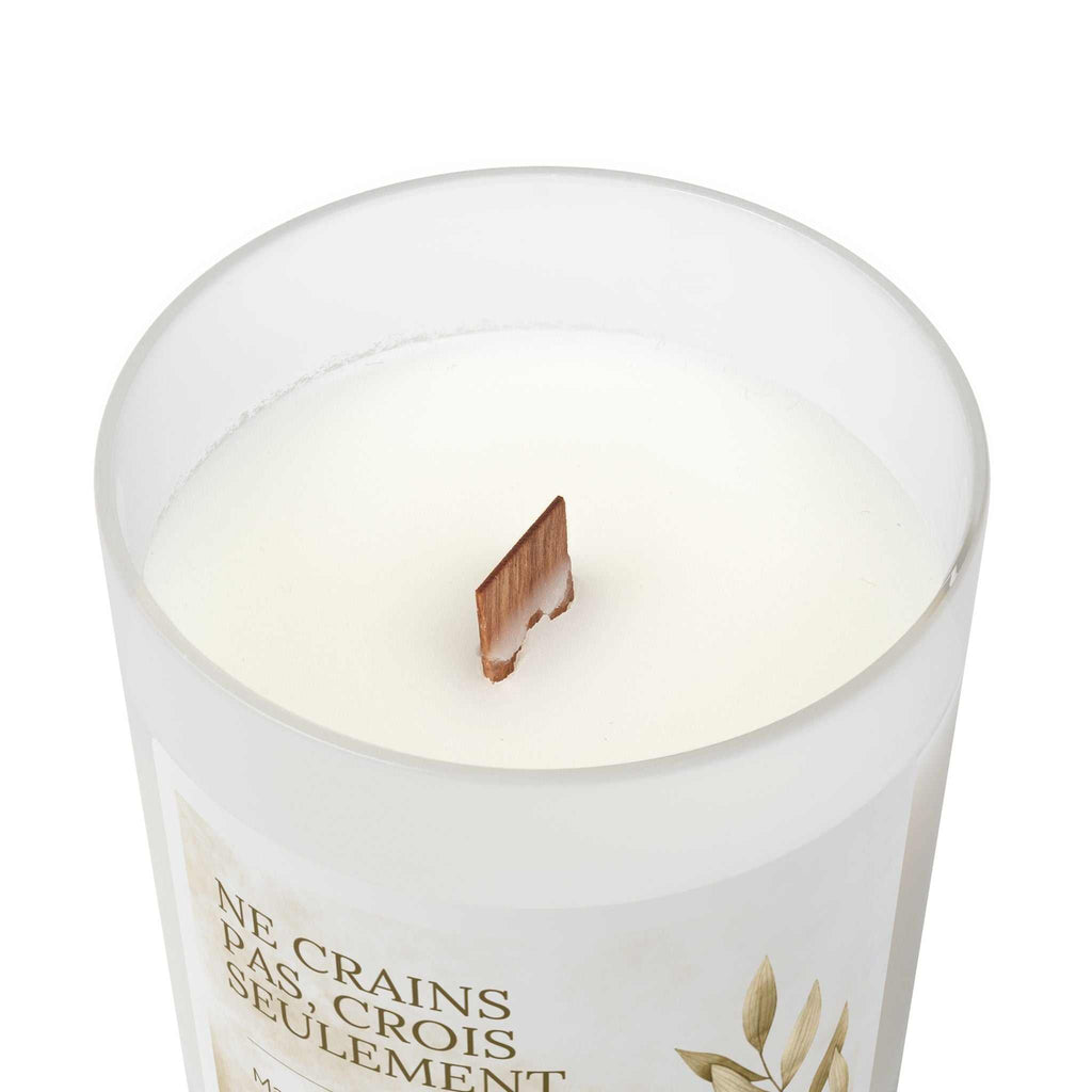 Mark 5:36 French verse candle in frosted glass with wooden wick and coconut soy wax