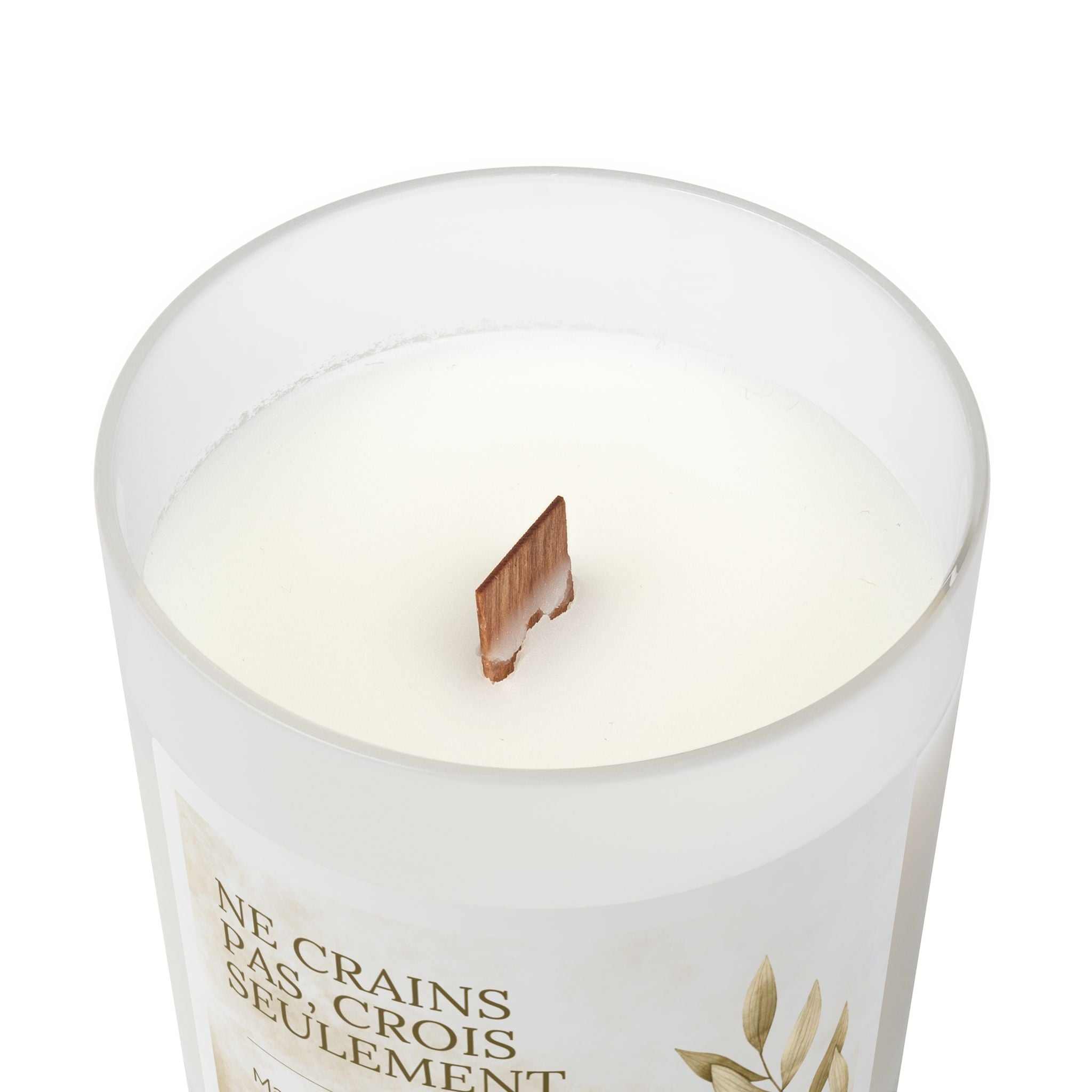 Mark 5:36 French verse candle in frosted glass with wooden wick and coconut soy wax