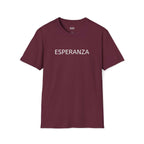 Maroon Esperanza T-shirt with white text, 100% cotton, classic fit, tear-away label