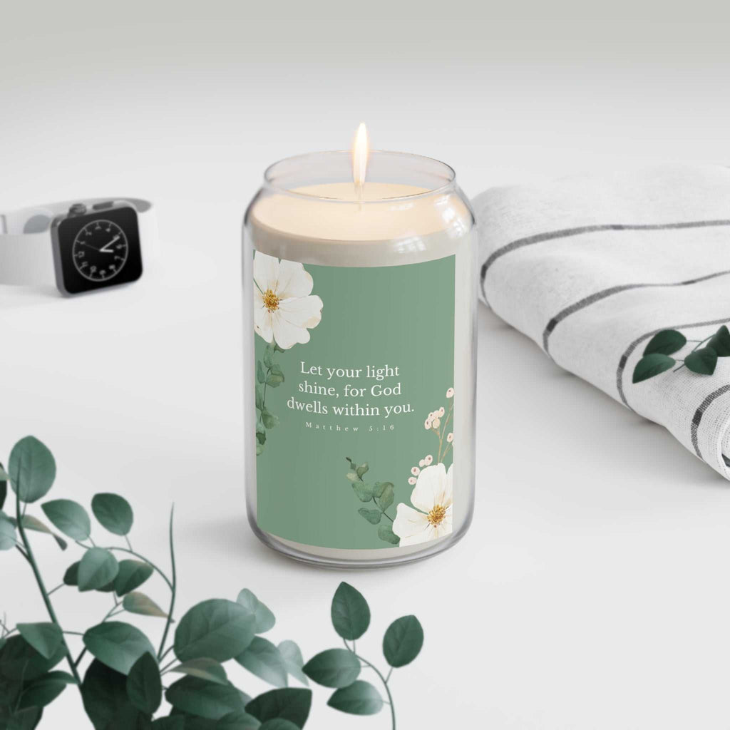 Matthew 5:16 candle with inspirational scripture