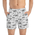 Men's Faith Swim Trunks with black faith, hope, and love text design