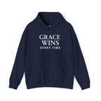 Navy blue hoodie with "Grace Wins Every Time" text, cotton-polyester blend, classic fit