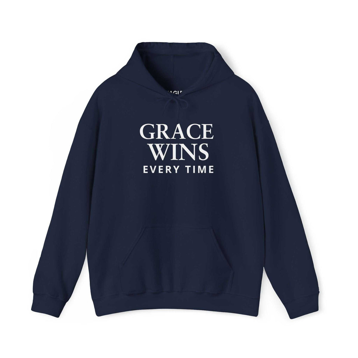 Navy blue hoodie with "Grace Wins Every Time" text, cotton-polyester blend, classic fit