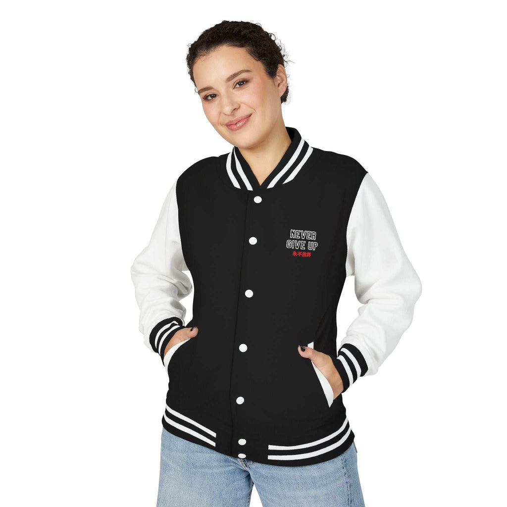 Never Give Up Jacket in black with motivational text, made of cotton-polyester blend, perfect for casual and workout wear