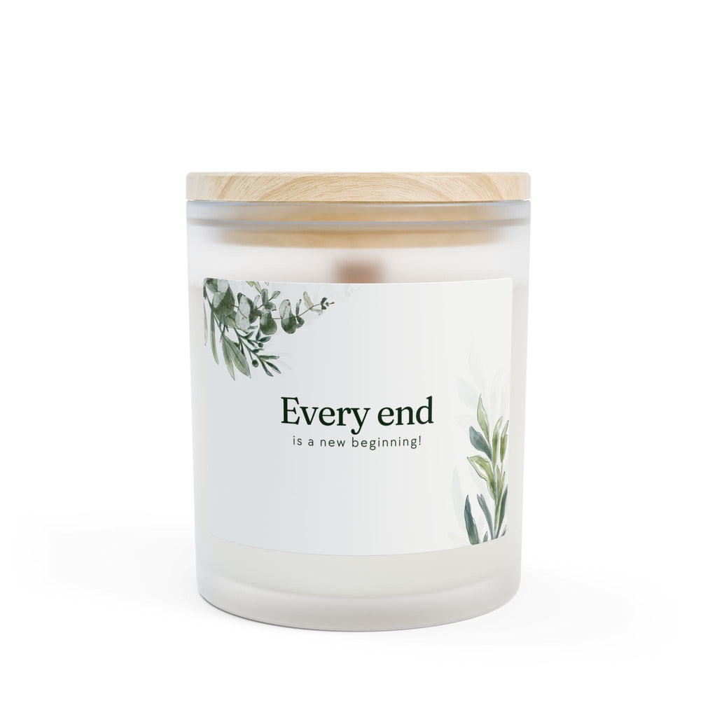 New Beginnings glass candle with coconut soy wax, wooden wick, frosted glass, and maple lid.