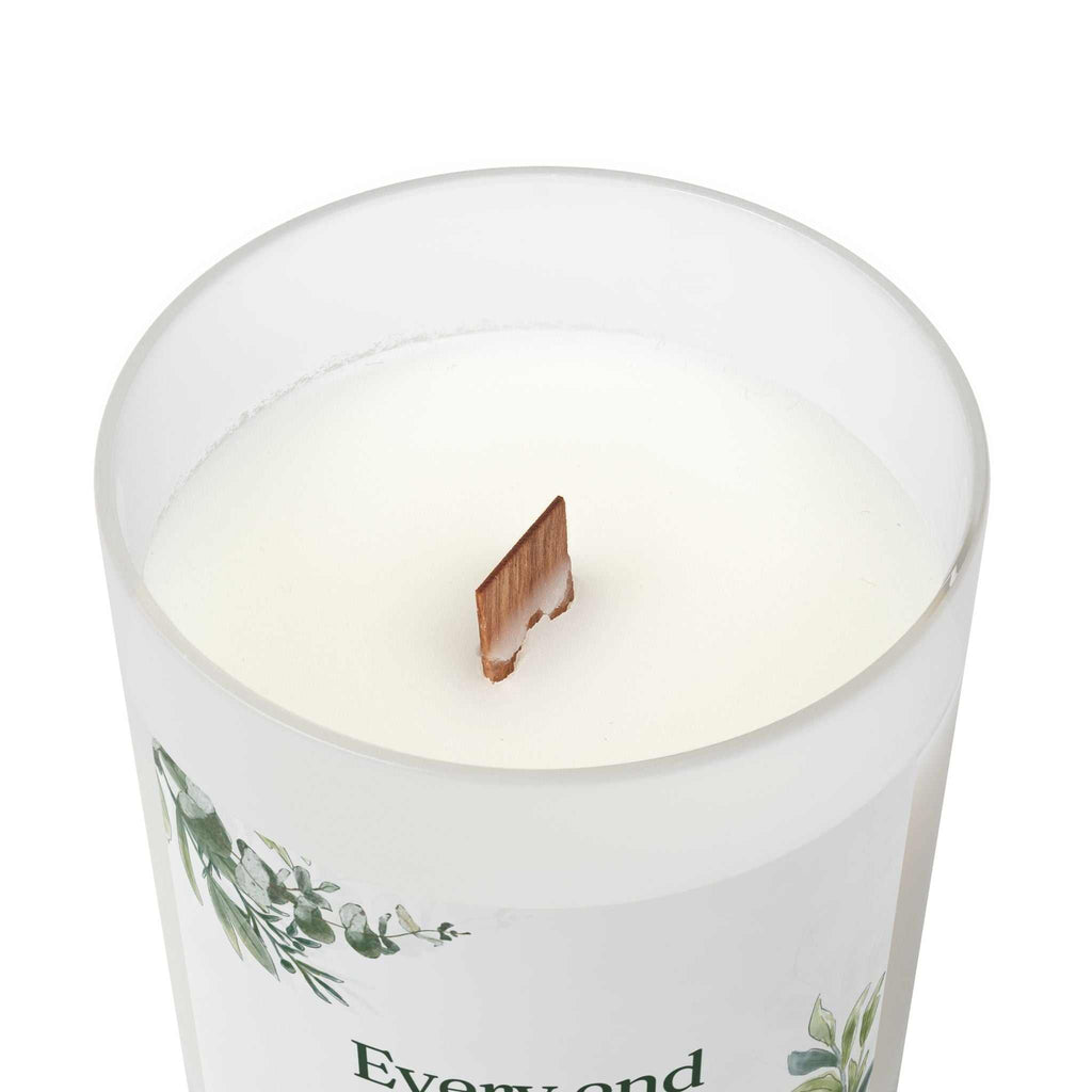 New Beginnings glass candle with coconut soy wax, wooden wick, frosted vessel, and natural off-white color