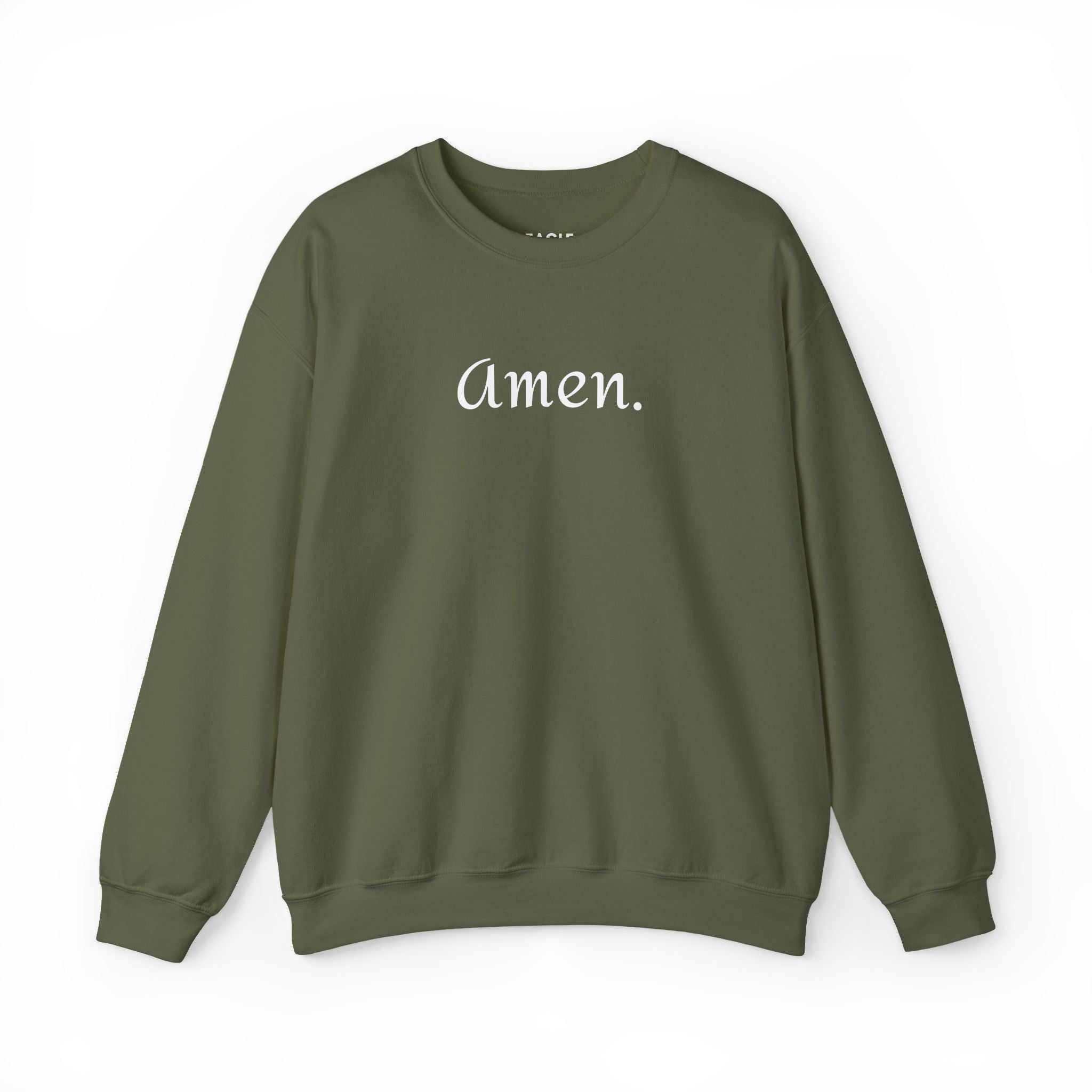 Olive green Amen sweatshirt with white text, classic fit, cotton-polyester blend