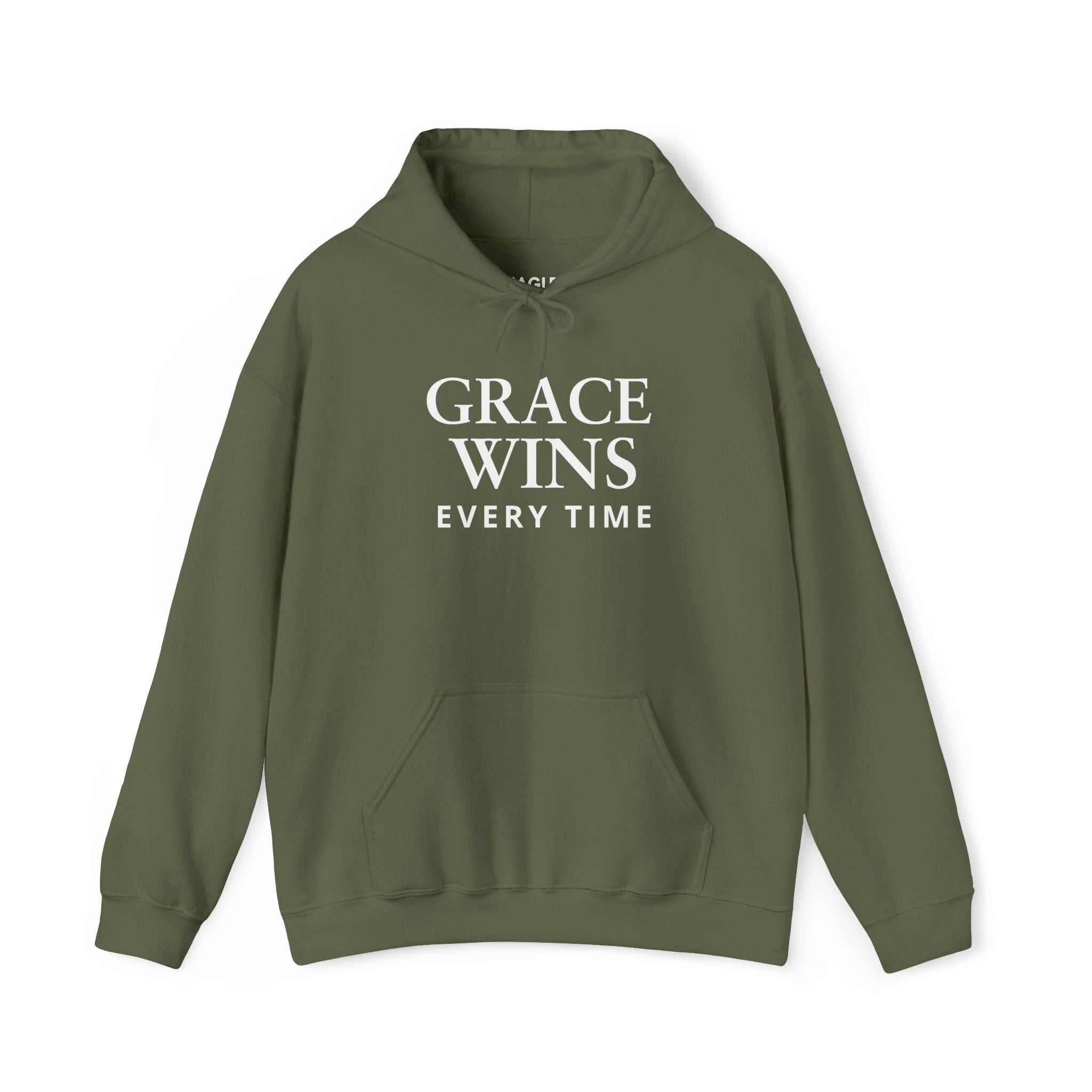 Olive green hoodie with "GRACE WINS EVERY TIME" text, classic fit, cotton-poly blend
