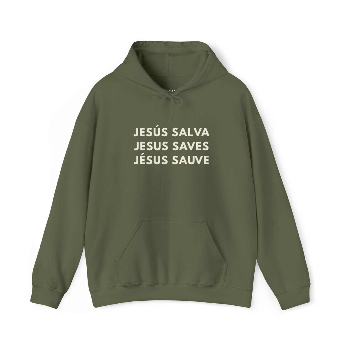 Olive green Jesus Saves Hoodie with classic fit and bold faith-inspired print, made of 50% cotton and 50% polyester for everyday comfort