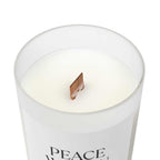 off-white coconut soy wax candle in frosted glass with wooden wick and glossy label for peaceful ambiance