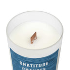 Gratitude glass candle in frosted vessel with wooden wick and maple lid