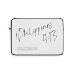 Philippians 4:13 laptop sleeve with inspirational Bible verse text