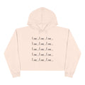 Pink Love Crop Hoodie with repeated black "Love" text design