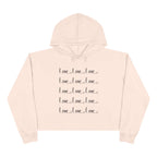 Pink Love Crop Hoodie with repeated black "Love" text design