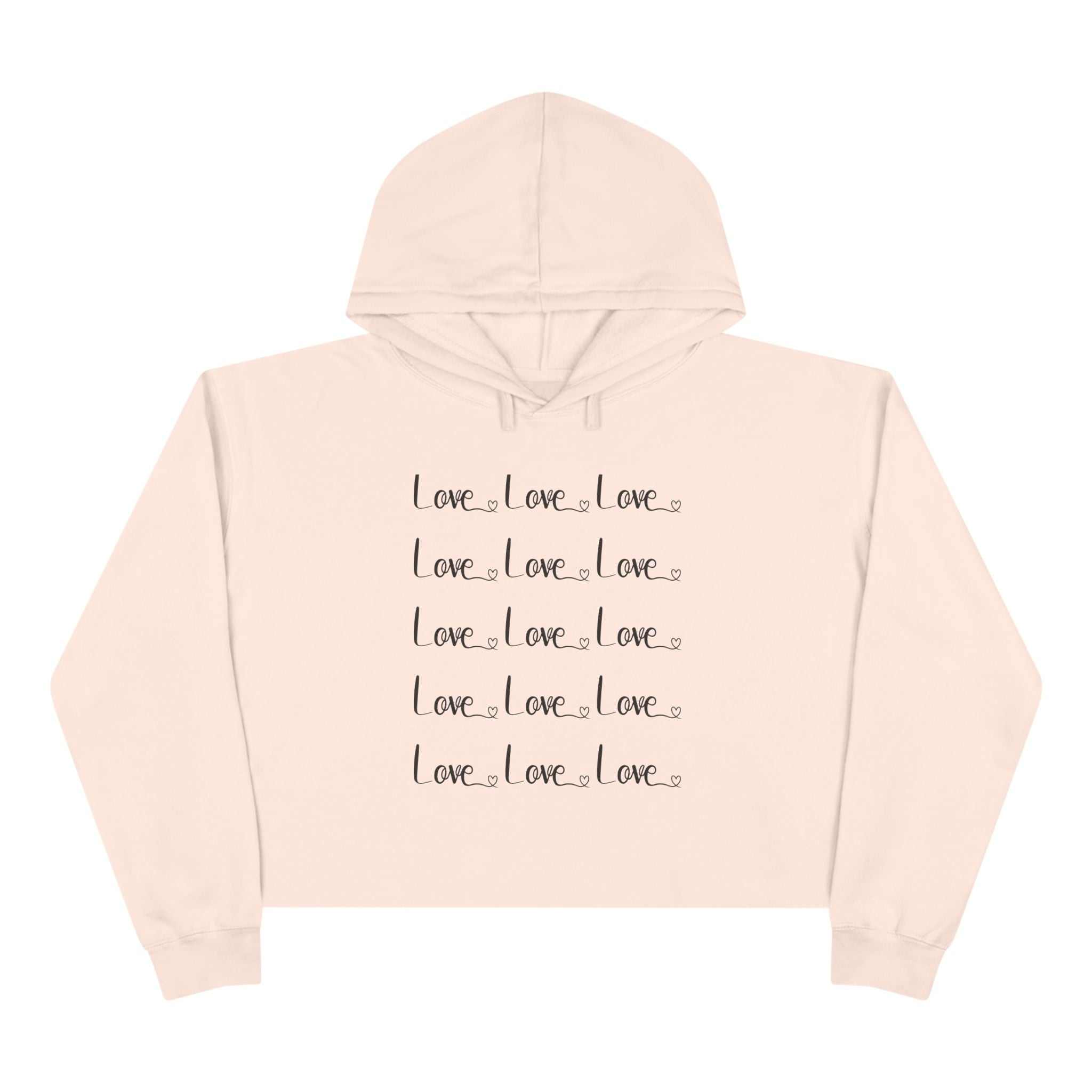 Pink Love Crop Hoodie with repeated black "Love" text design