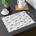 Placemat with black text design on white cotton background