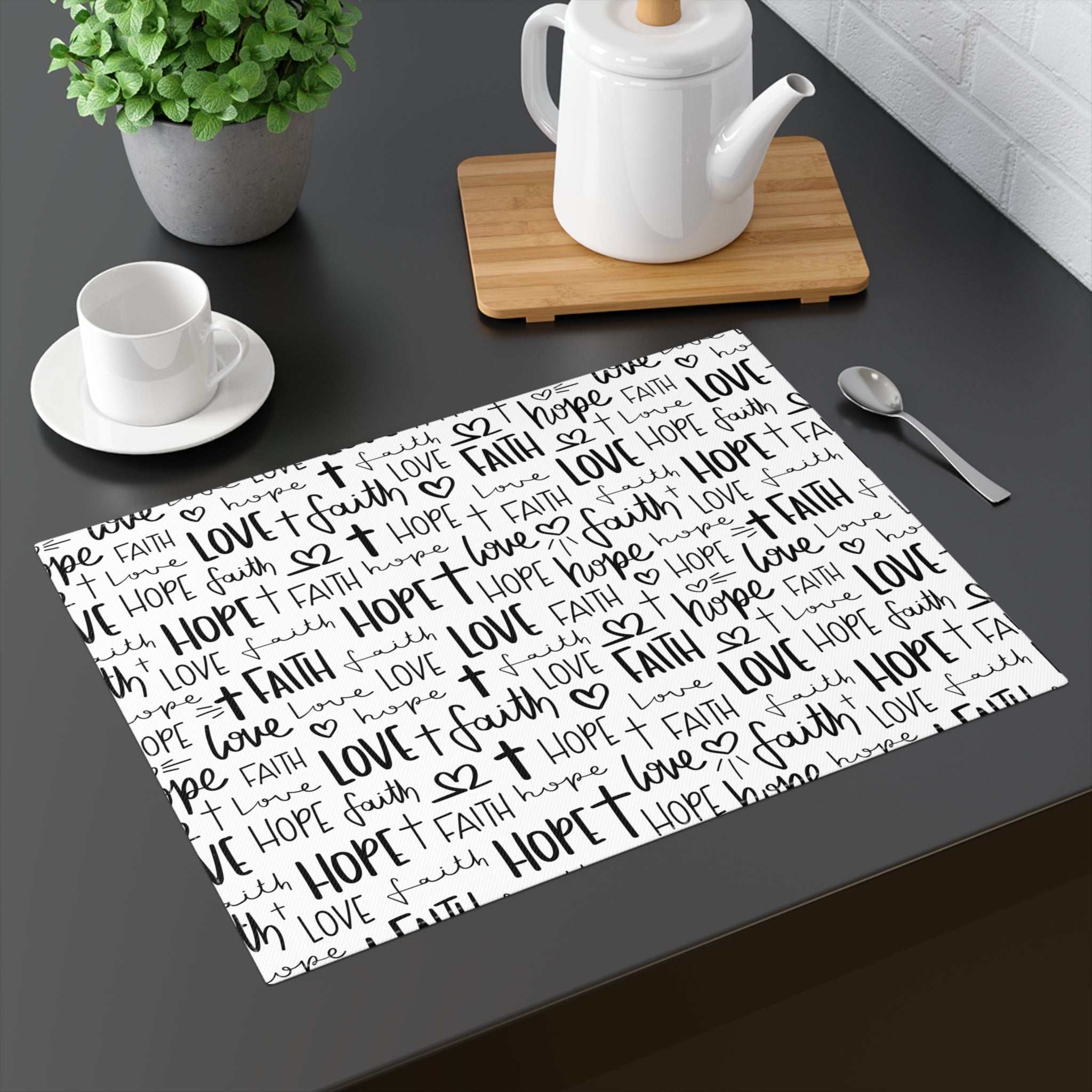 Placemat with black text design on white cotton background