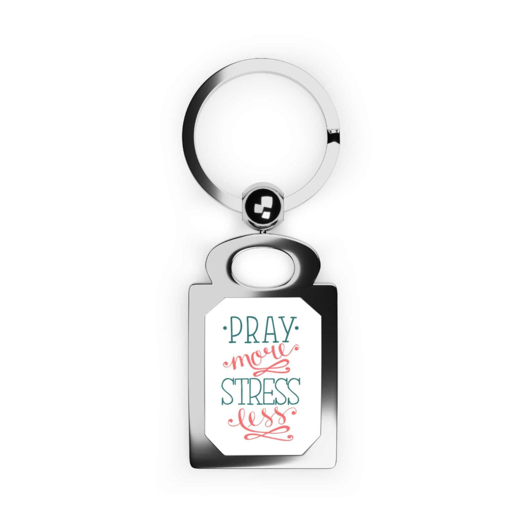 Pray More Keyring with rectangular zinc alloy frame and swivel joint