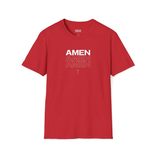 Red Amen T-Shirt with faith-inspired text and classic fit, made from 100% ring-spun cotton