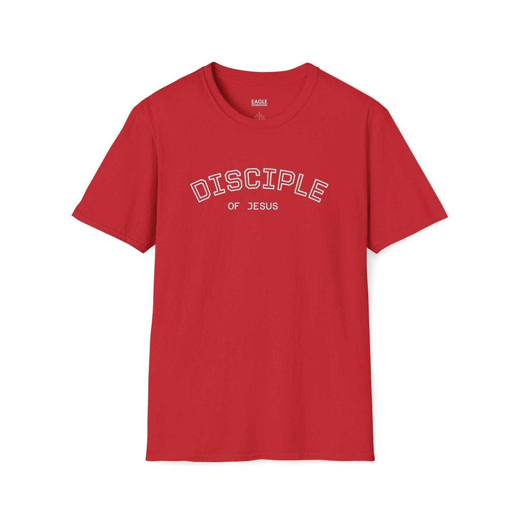 Red Disciple of Jesus T-Shirt with white text, 100% cotton, classic fit, tear-away label.