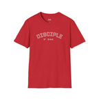 Red Disciple of Jesus T-Shirt with white text, 100% cotton, classic fit, tear-away label.