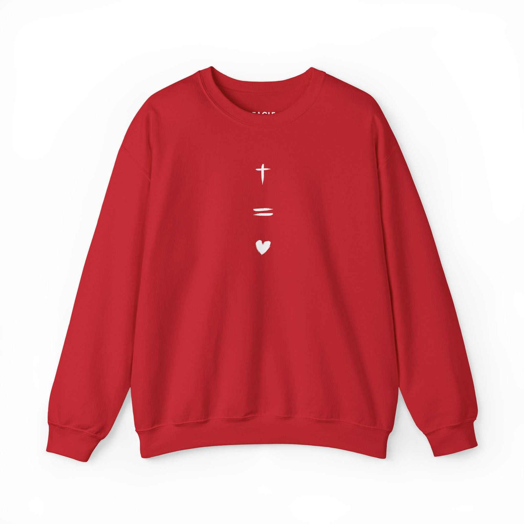 Red God Is Love sweatshirt with white cross and heart design