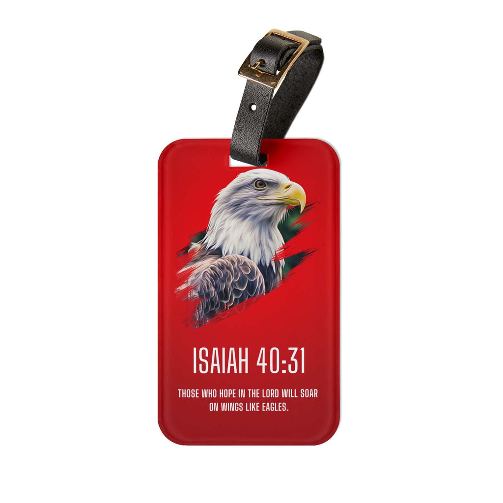 Isaiah 40:31 luggage tag with eagle design and adjustable leather strap on red background