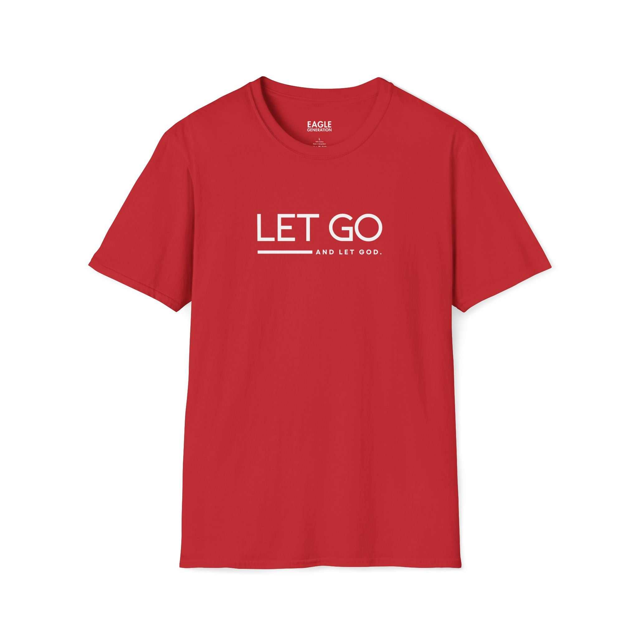 Red God in Control T-shirt with "LET GO AND LET GOD" text, classic fit, 100% cotton