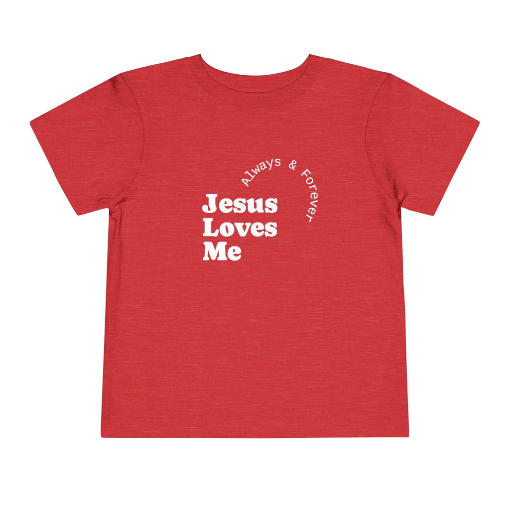Red Jesus Loves Me T-Shirt with short sleeves and faith-inspired text design