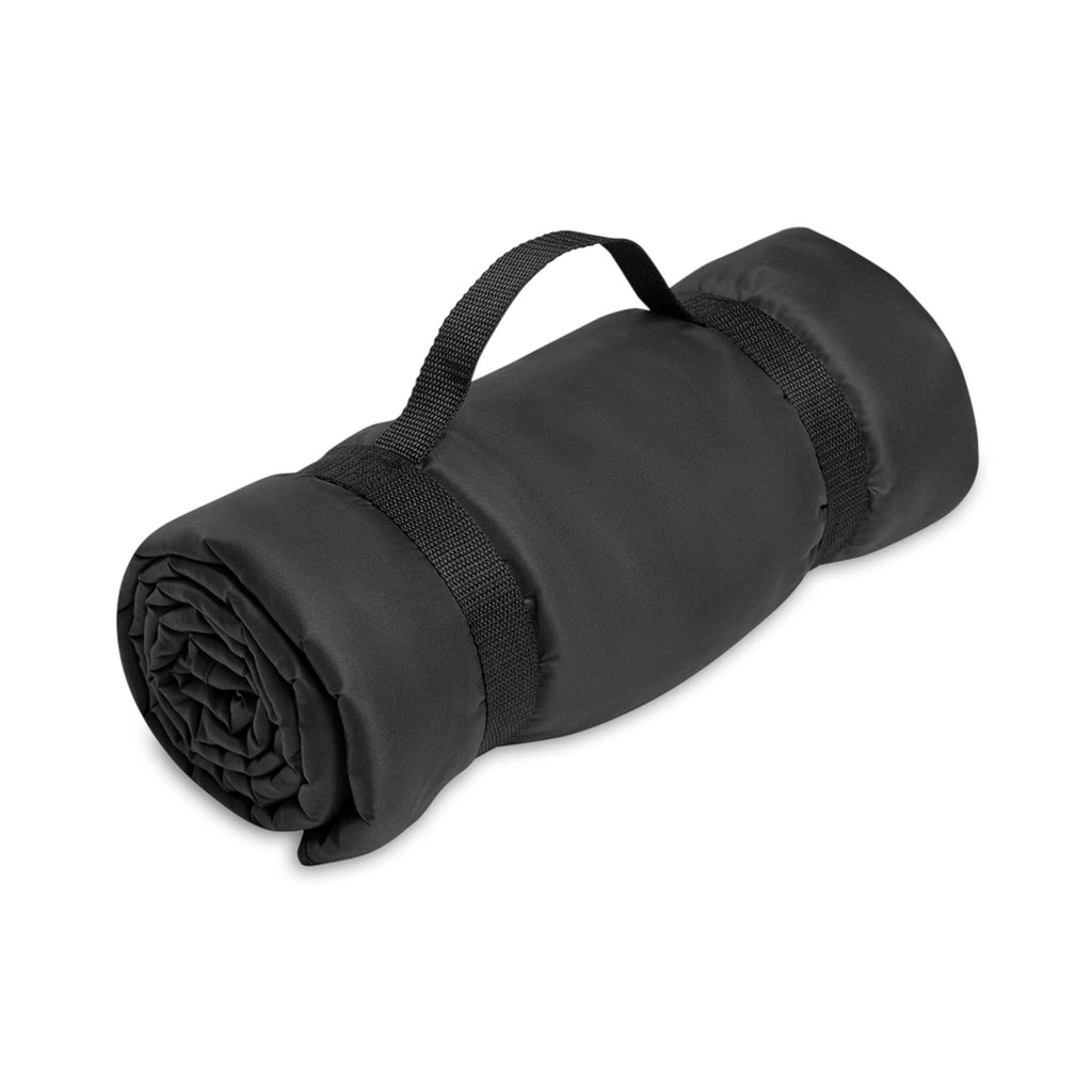 Rolled picnic blanket with carrying strap and water-resistant backing