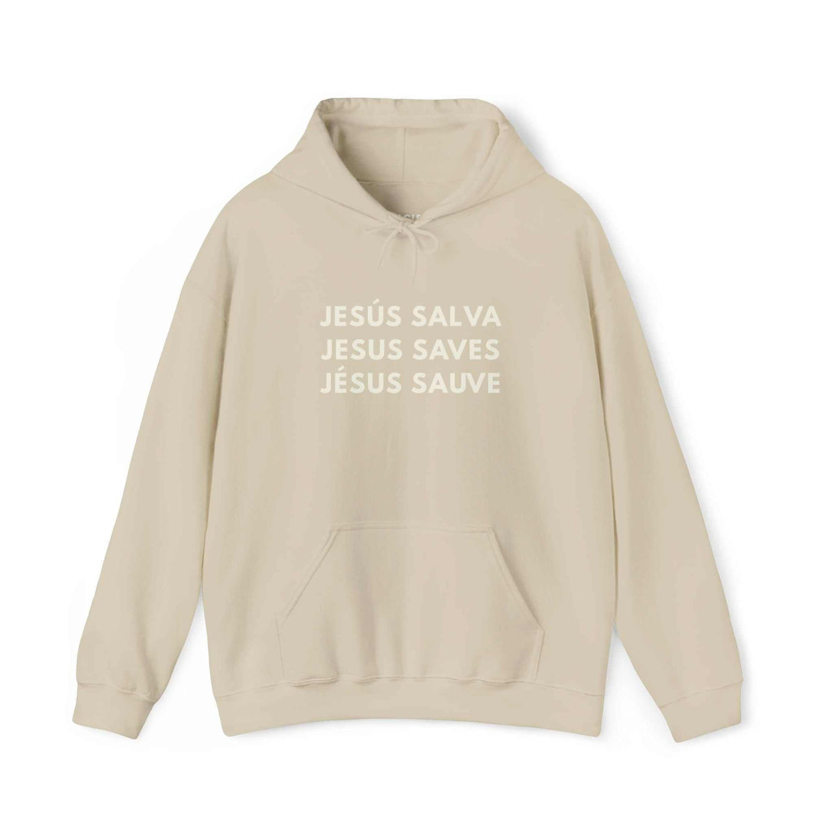 Beige Jesus Saves Hoodie with faith-inspired print, soft cotton-polyester blend, classic fit and tear-away label