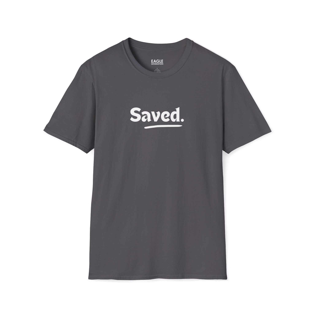 Gray Saved T-Shirt with white text, 100% cotton, classic fit, tear-away label.