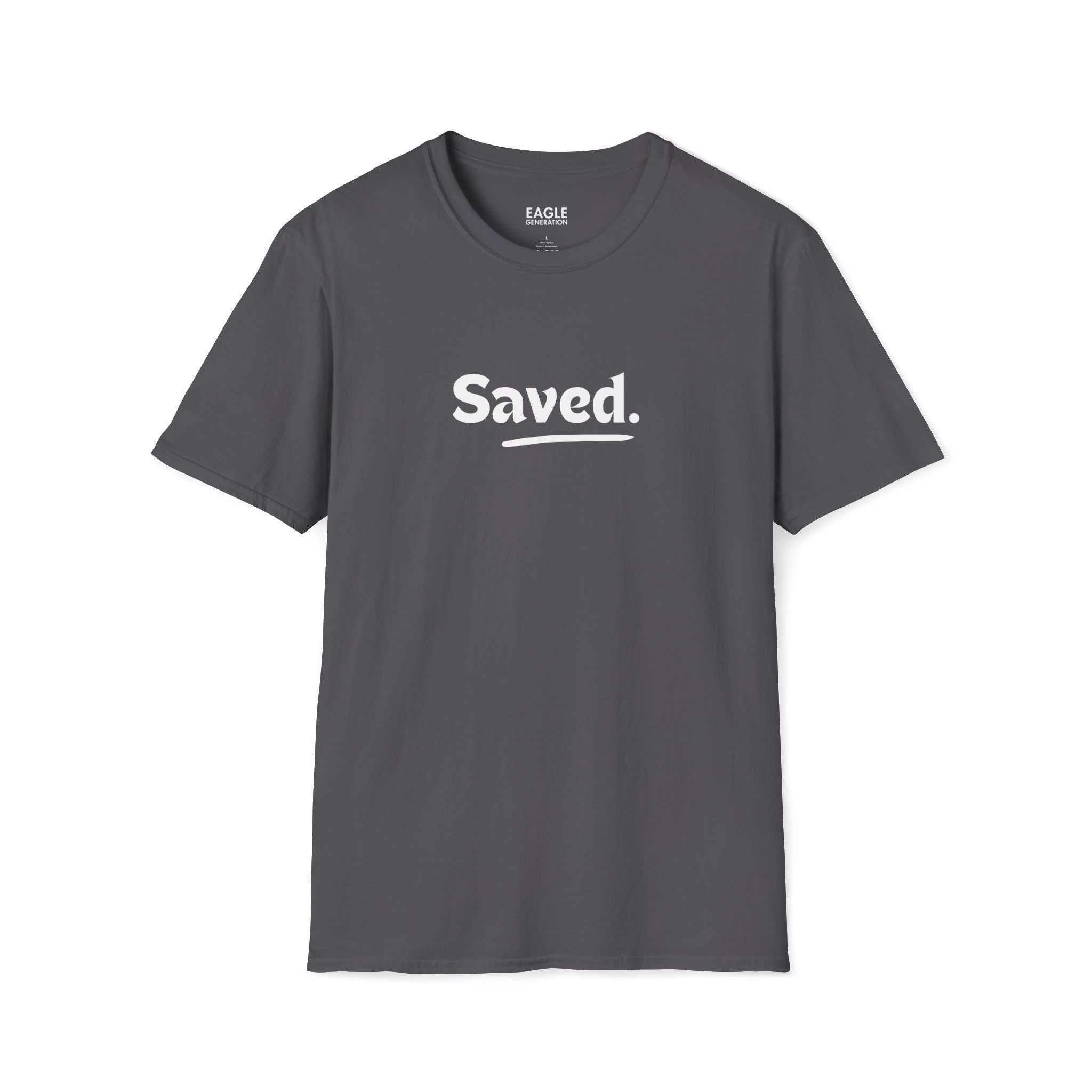 Gray Saved T-Shirt with white text, 100% cotton, classic fit, tear-away label.